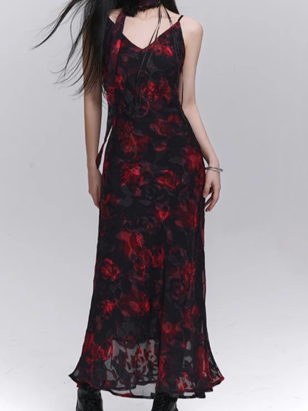 Y2K vintage Cache Black & Red Burnout Floral Slip Maxi Dress